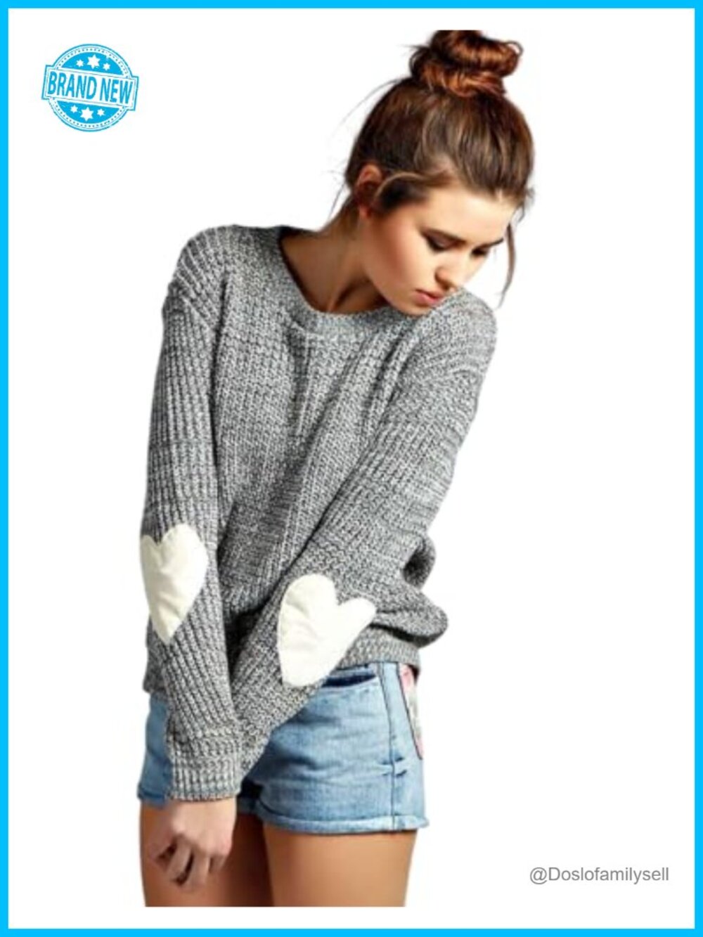 Womens Long Sleeve Crew Neck Heart Pattern Elbow Patch Pullover Sweater